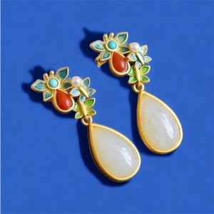 ENAMEL, PEARL DROP THREE BUTTERFLIES RETRO CHINESE IMPERIAL EARRINGS